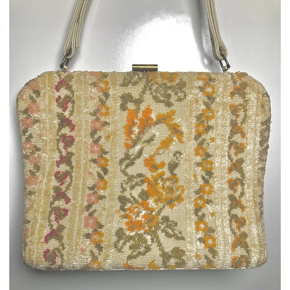 Vintage 1960s Floral Tapestry‎ Handbag Purse Fall Colors Mid Century Frame Bag